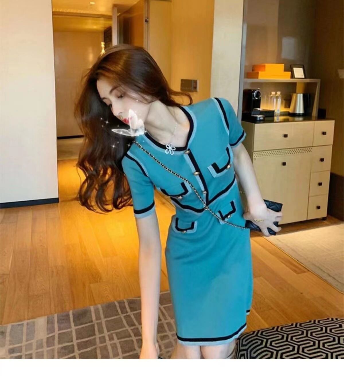 【dress】一目惚れ！2022夏新作韓国ファッションラウンドネック半袖配色薄手ニットセレブワンピースF2446