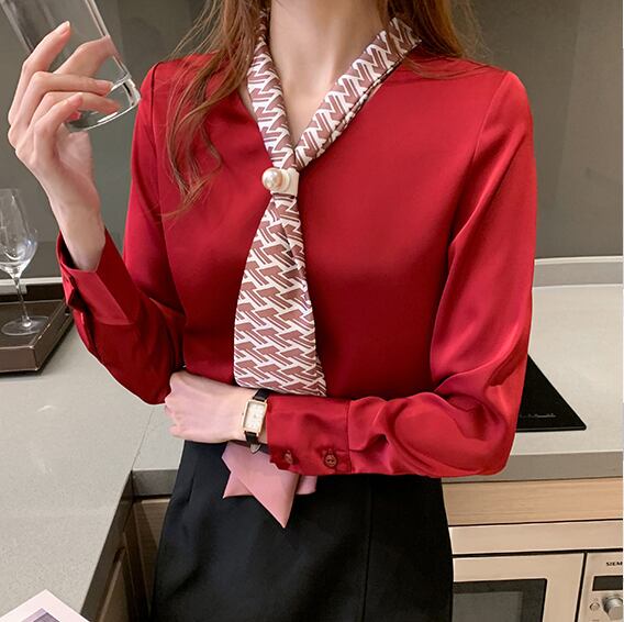 【tops】春新作バンドカラー長袖体型カバーファッションプリント配色シャツF0672