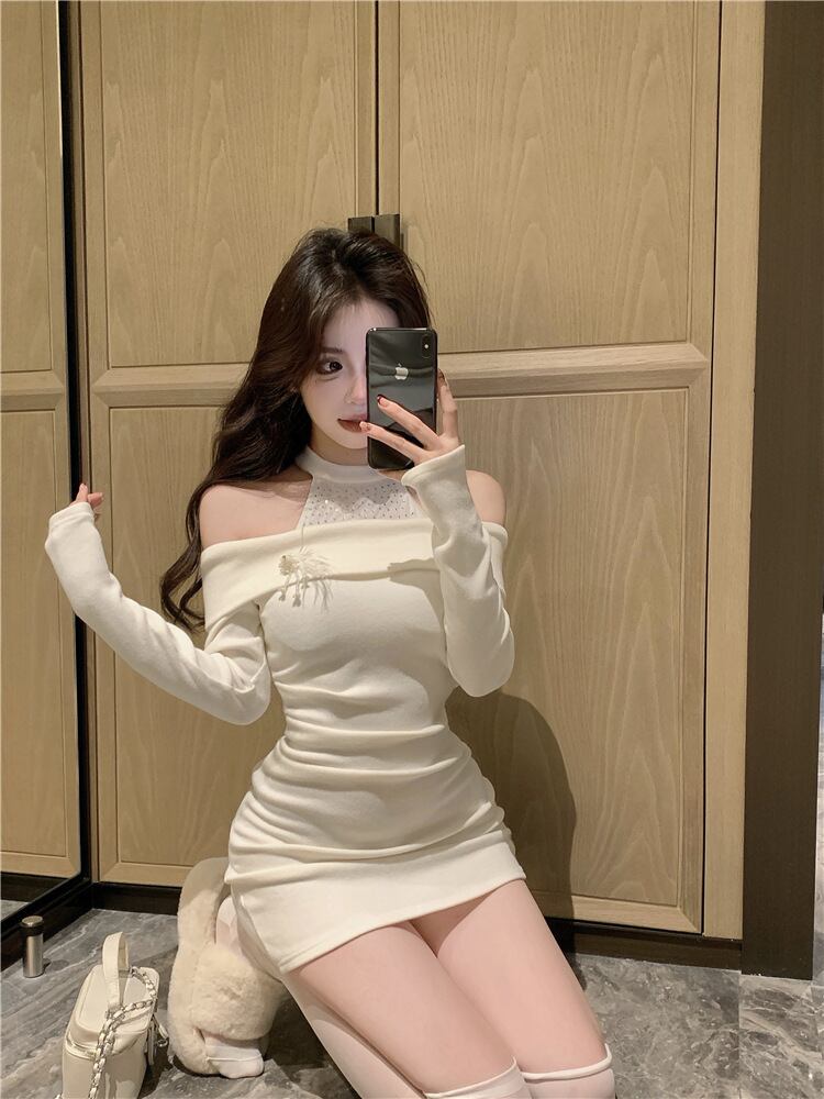 【dress】オフショルダーレースドッキングワンピース　M27996