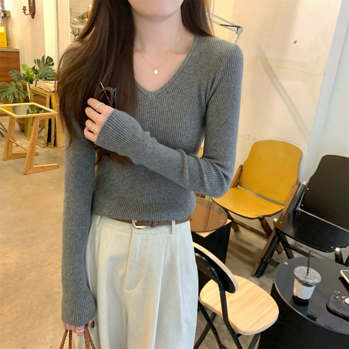 【tops】Vネックニットトップス　M29064