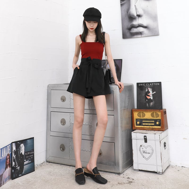 【bottoms】ファッション無地合わせやすいウエストリボンショートパンツ