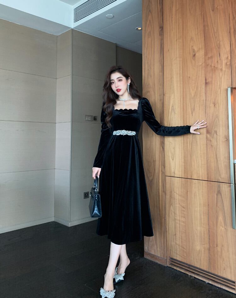 【dress】美人度アップ!気質満点ハイウエスト長袖 スクエアネックワンピース G1418