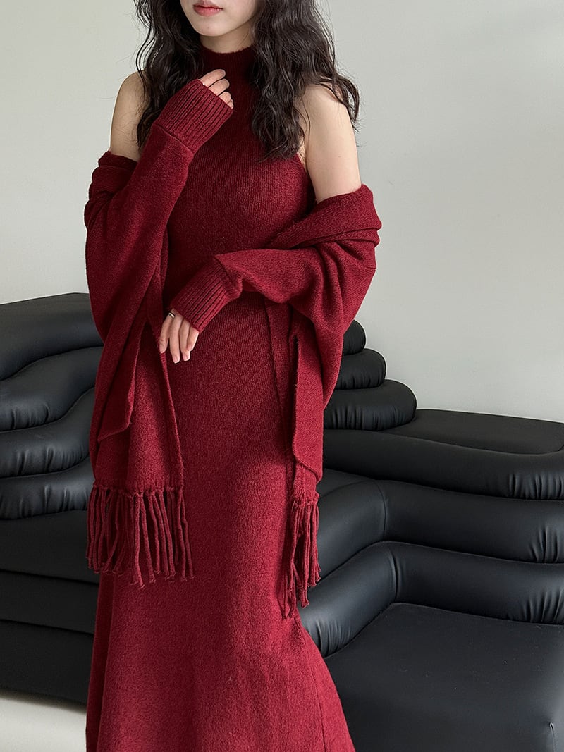 【set】ストール×ノースリーブニットワンピースセット　N3472