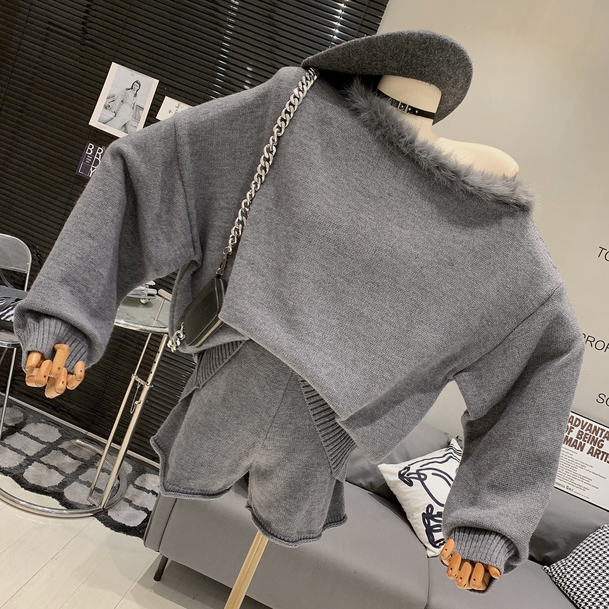 【set】ファーオフショルダーニットセーター×ショートパンツセット　M27914