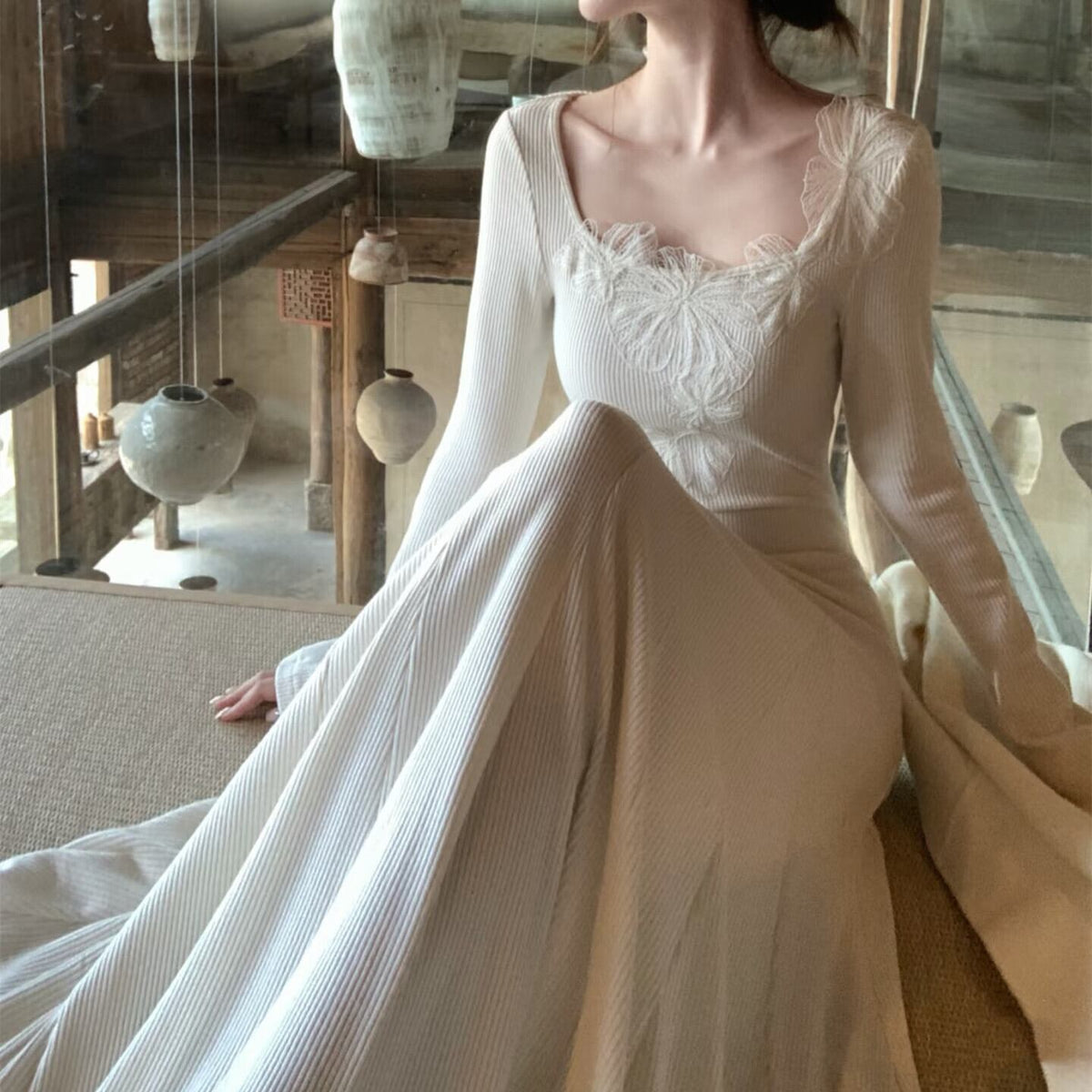 【dress】レーストリミングニットワンピース　N3465