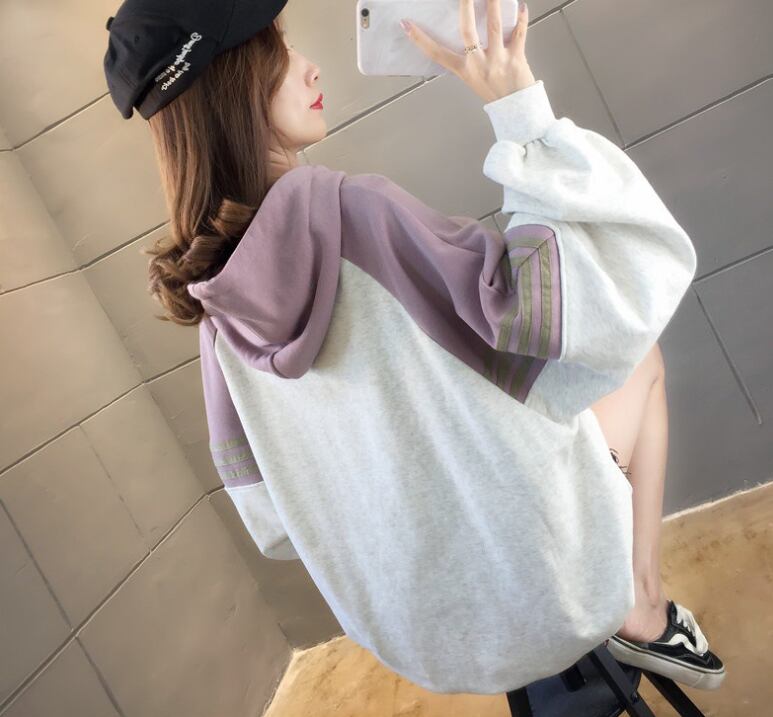 【tops】韓国ファッション長袖フード付き配色ゆったりカジュアルパーカーW0368