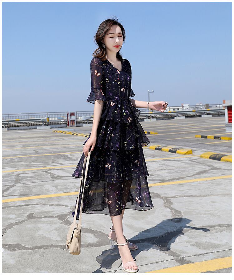 【dress】一目惚れ！Vネックフレアスリーブギャザー花柄ワンピースF0297