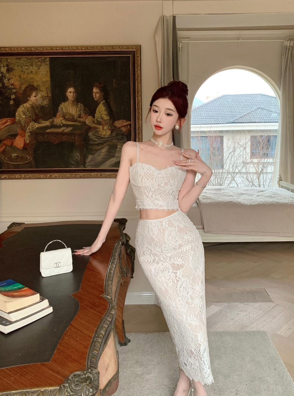 【set】不規則レーストップス+スカート２点セットG21119