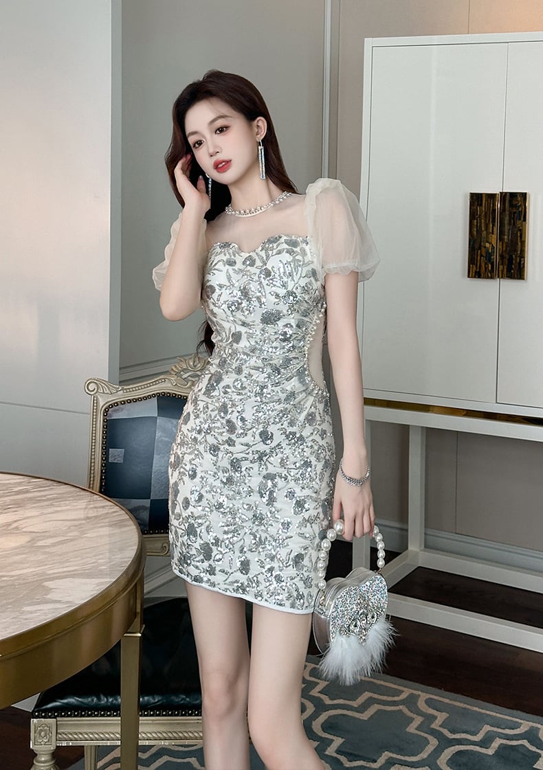 【dress】チュールパフスリーブワンピース　M24195