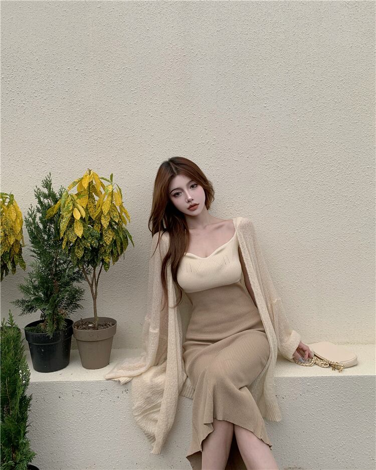 【set】好感度UP!気質満点セクシーカーディガン+キャミワンピースオシャレ２点セット G3383