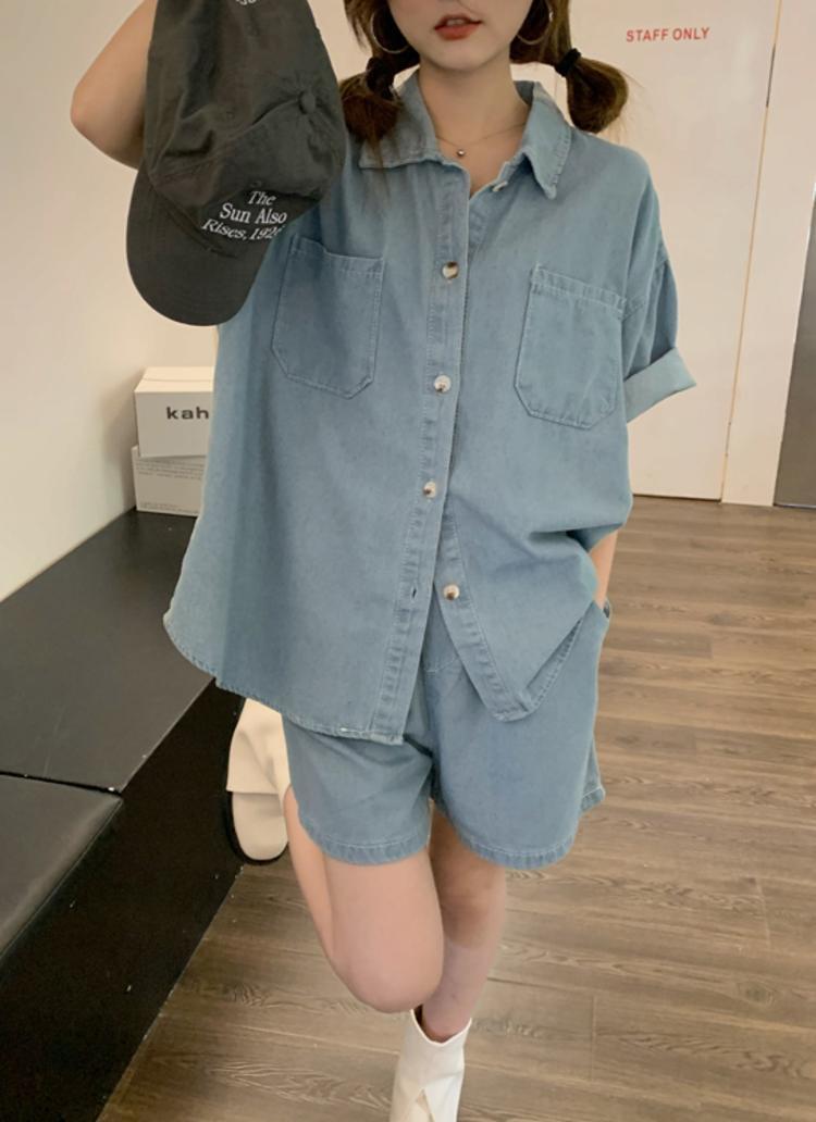 【set】デニムブラウス+ショートパンツ２点セットG21288