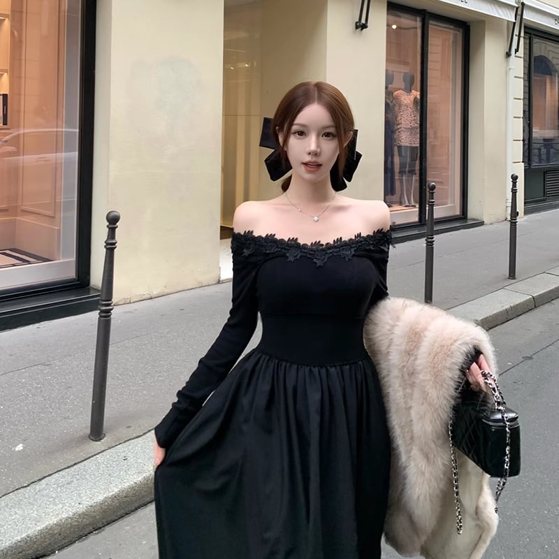 【dress】レースドッキングオフショルダーロングワンピース Q7644