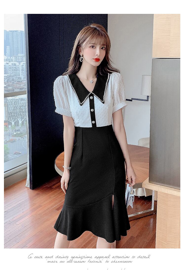 【dress】気質満点スリットマーメイドドールカラーセーターパフスリーブワンピース