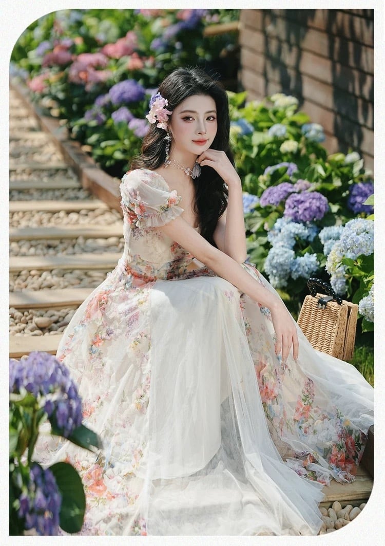 【dress】立体フラワーチュールドッキングロングワンピース　K0556