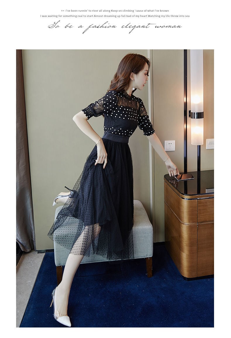 【dress】好感度UP!気質満点フェミニンレース体型カバードット柄ワンピース G0506