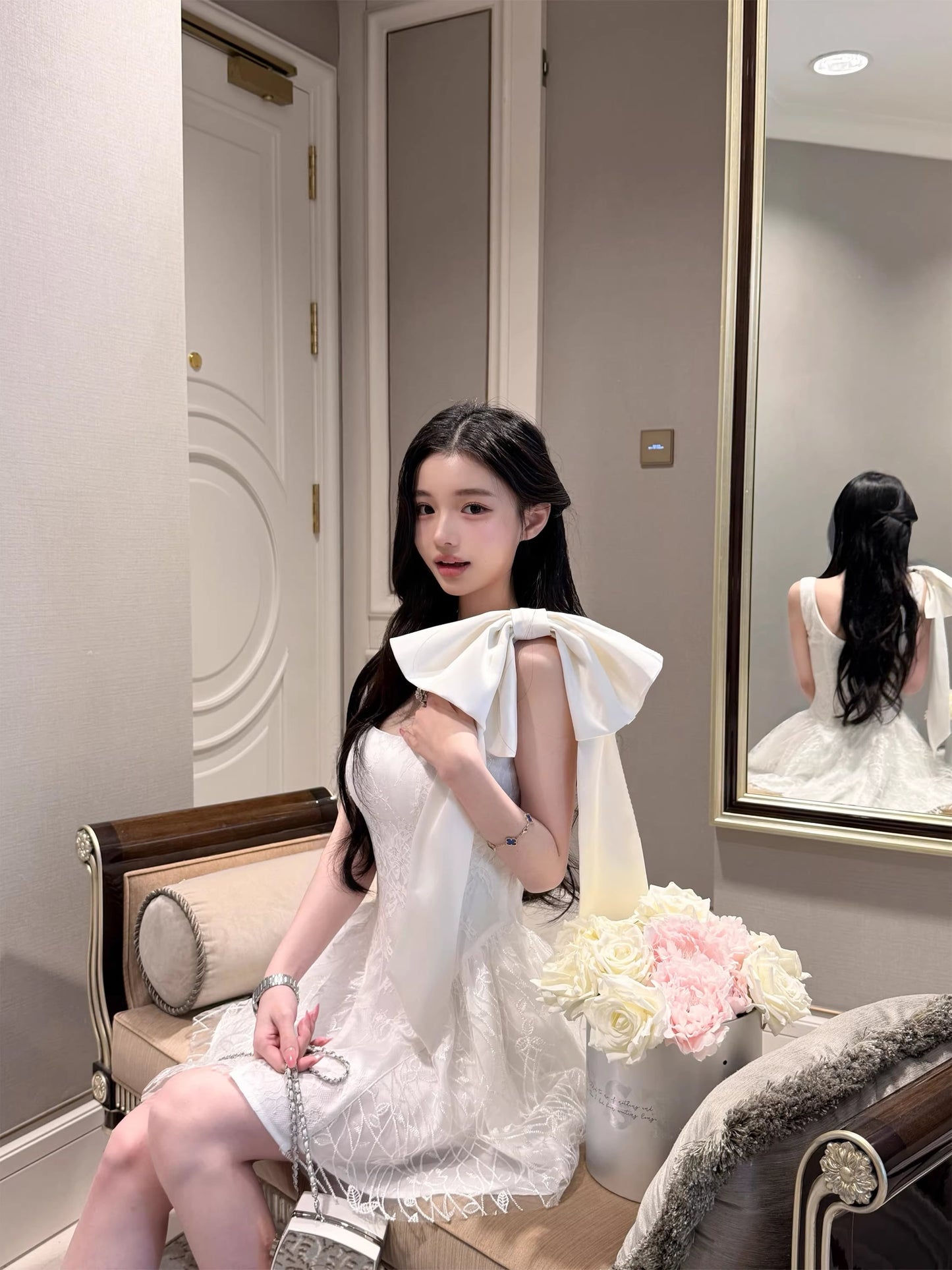【dress】リボン付きレースキャミワンピース Q8385