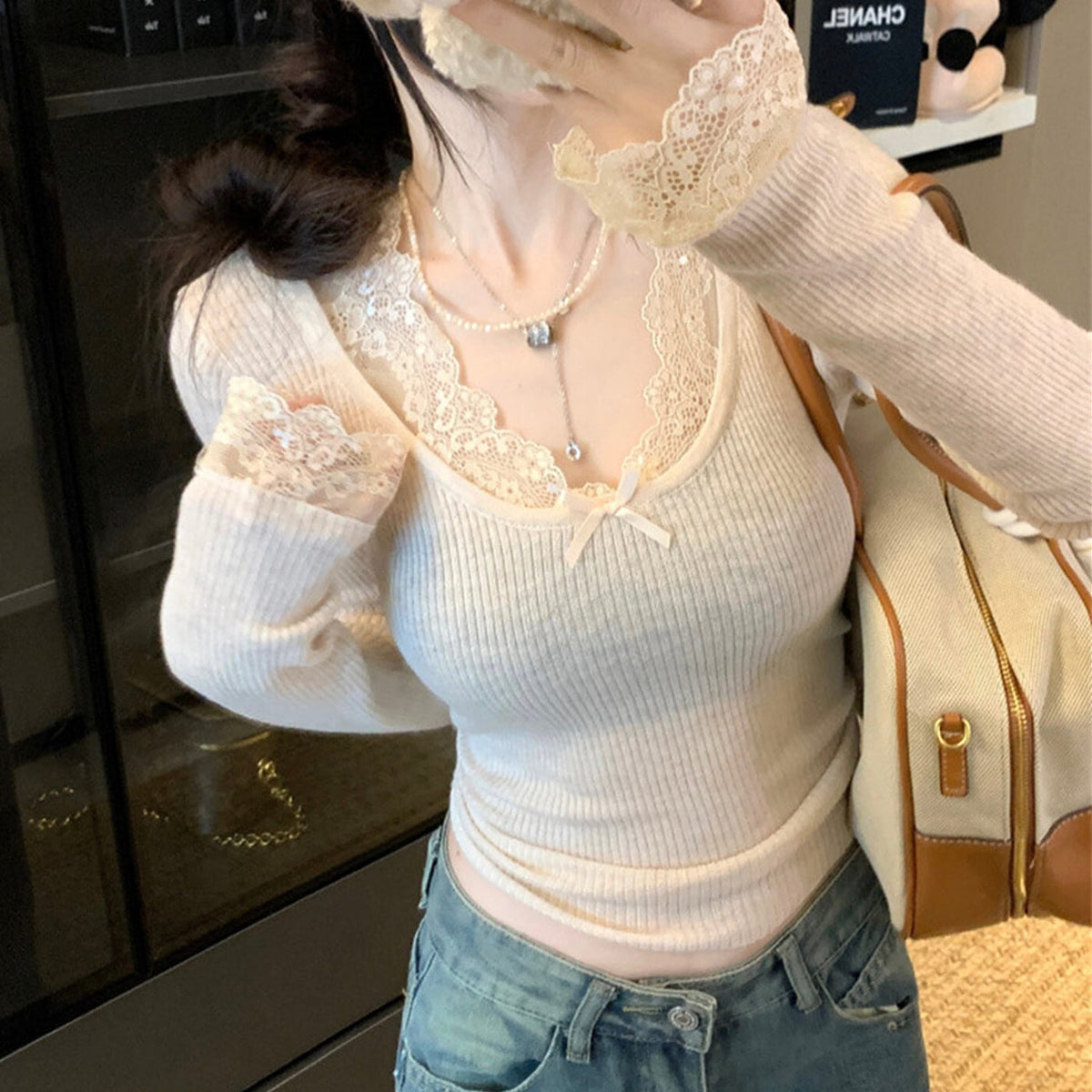 【tops】レースドッキングニットトップス　N2897