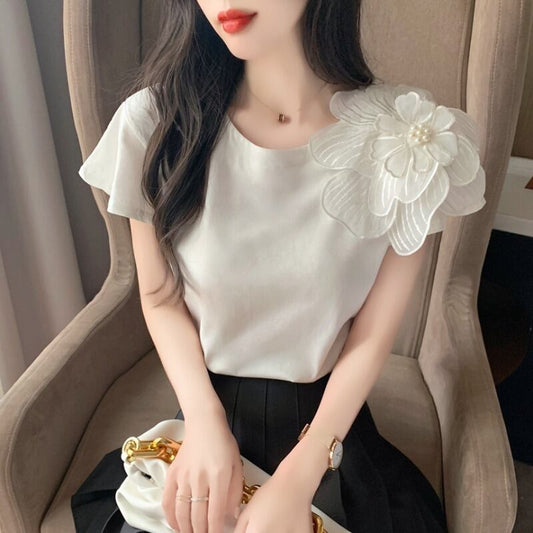 【tops】好感度満載！ラウンドネック半袖ビーズ飾り韓国ファッション体型カバー着やせTシャツF2230