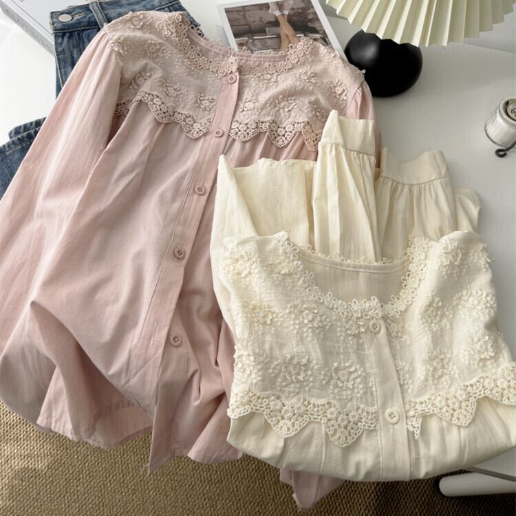 【tops】刺繍レース切り替えシャツブラウス　M29739