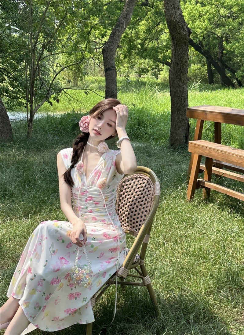 【dress】Vネックプリントワンピース　M24584