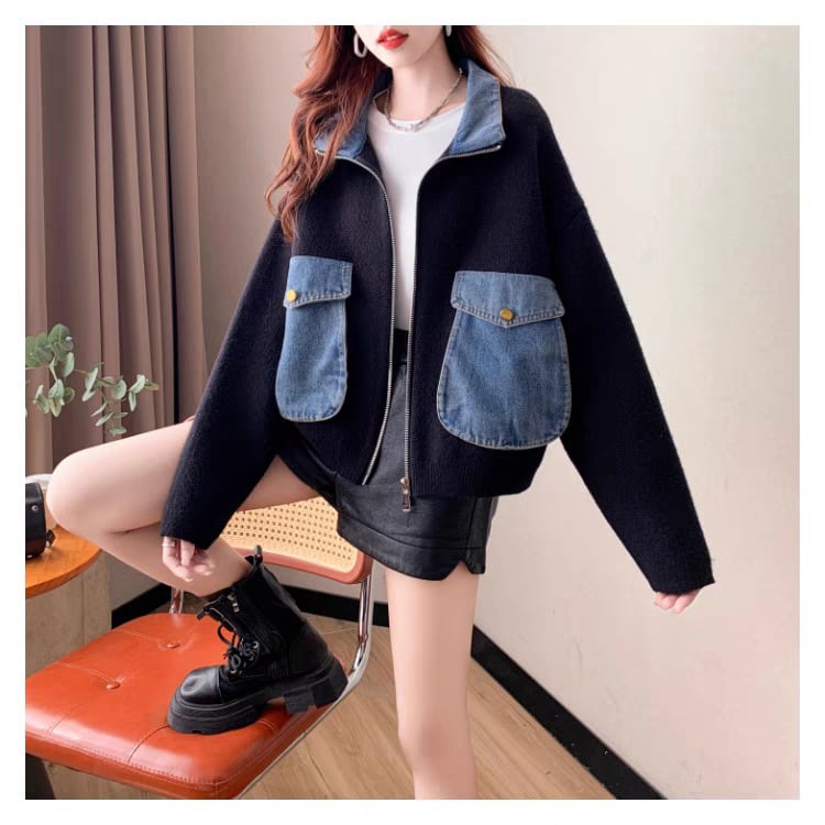 【outer】デニム切り替えニットカーデ　M25745