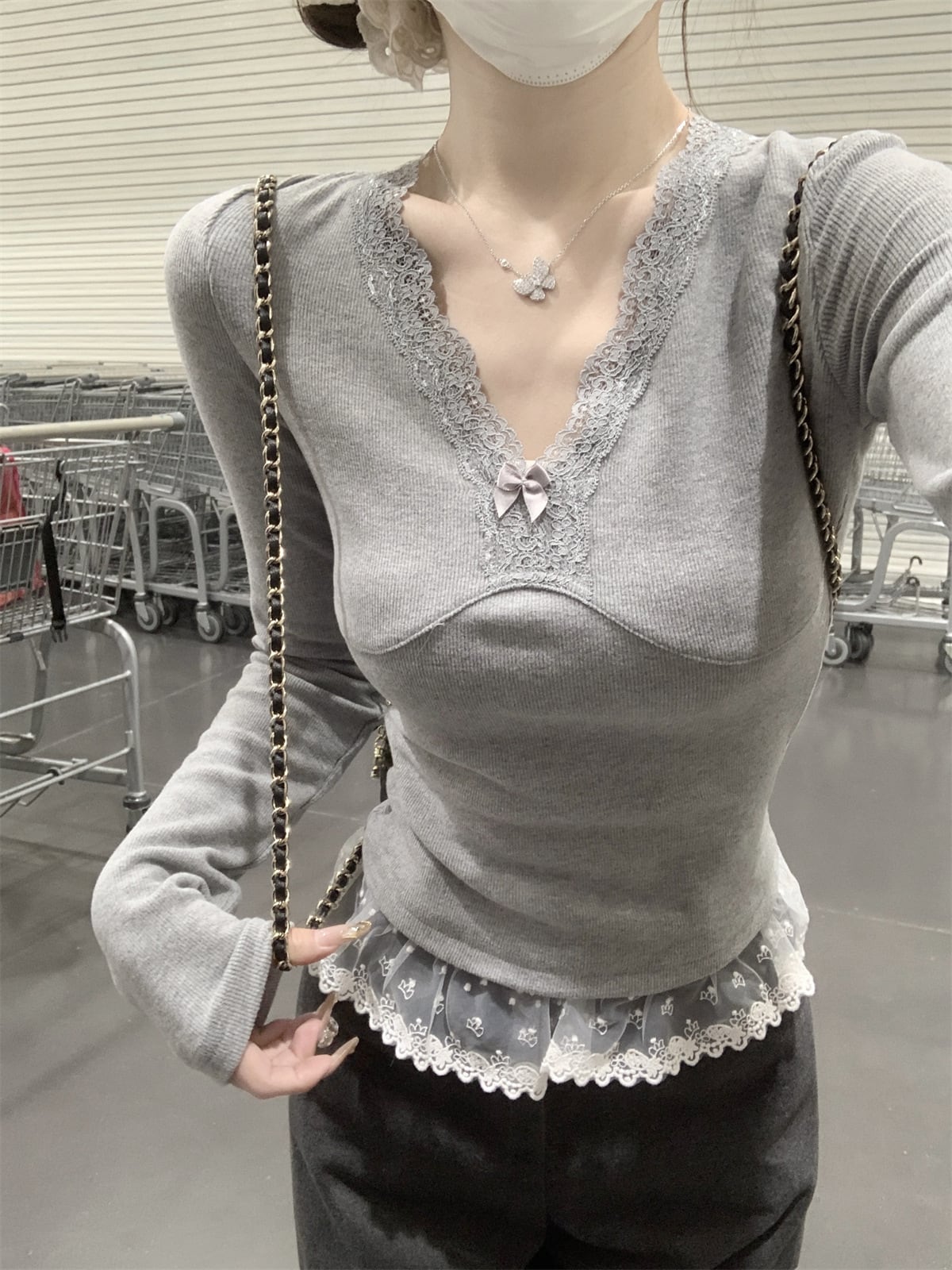 【tops】レース切り替え長袖Tシャツ　M29399