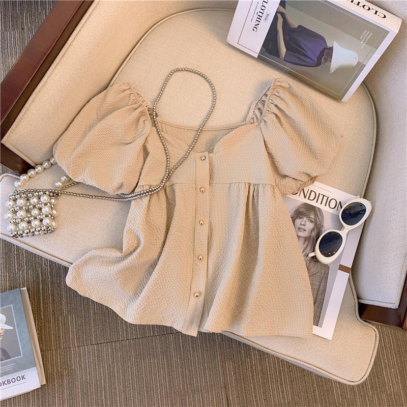 【tops】スクェアネック半袖パフ袖ブラウスF7544