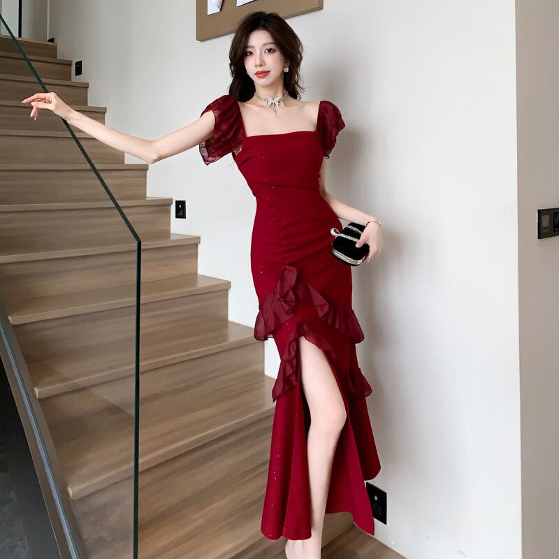 【dress】フリル不規則スリットワンピース G20665