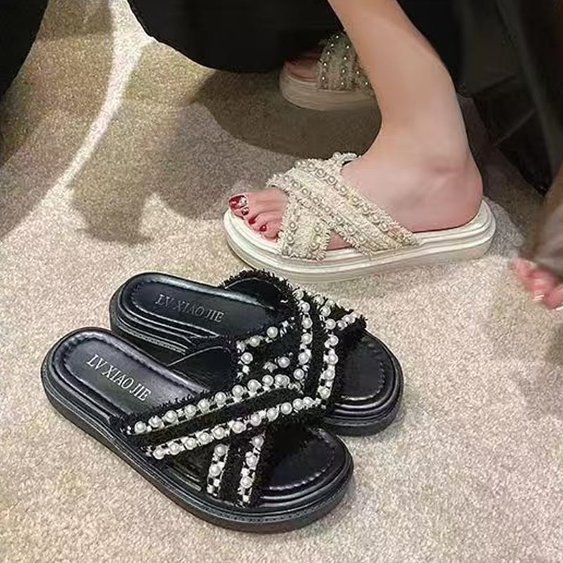 【Shoes】パール付きサンダル Q8427