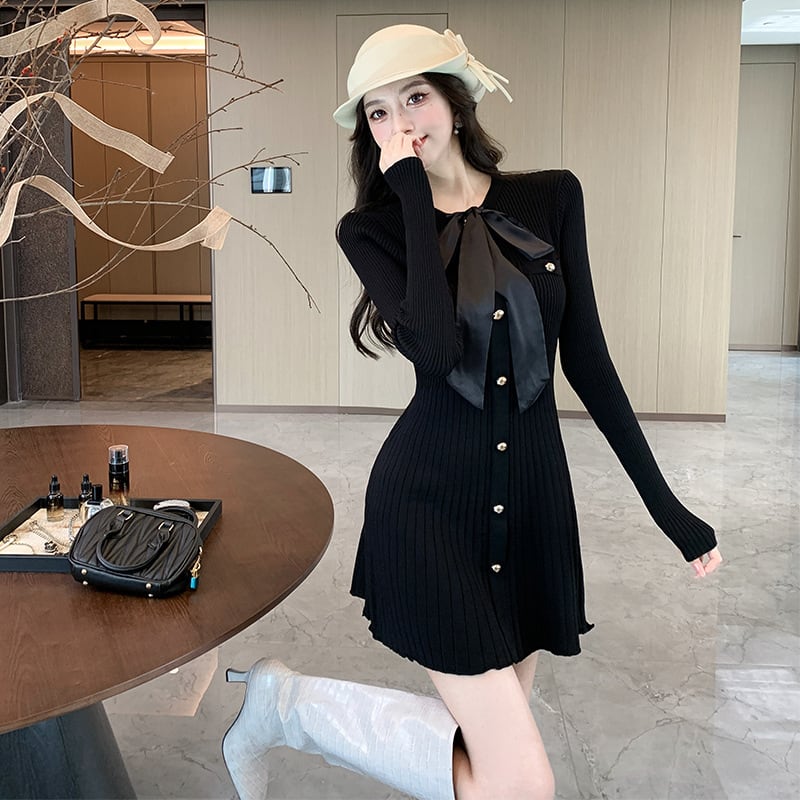 【dress】リボン付きニットワンピース　M28581