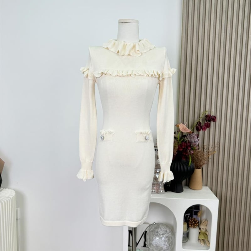 【dress】ギャザーフリルニットワンピース Q7631