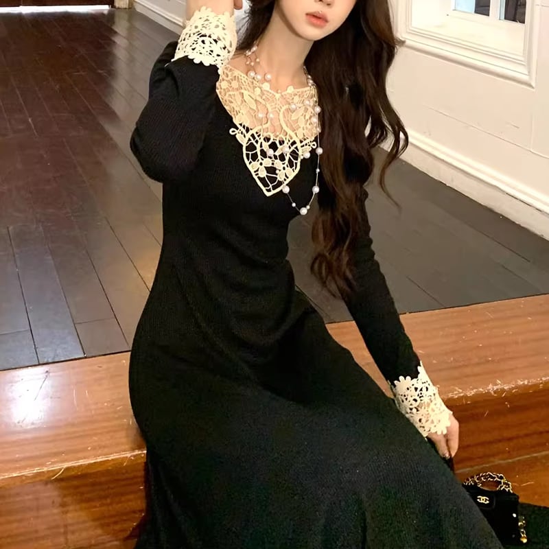 【dress】レースドッキングニットワンピース Q6862