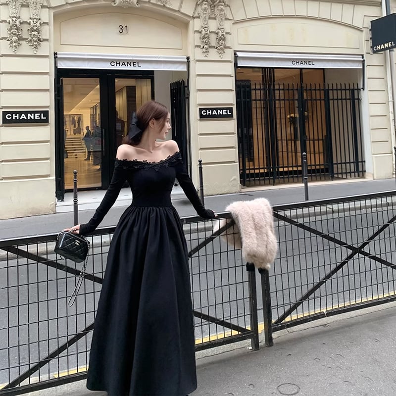【dress】レースドッキングオフショルダーロングワンピース Q7644