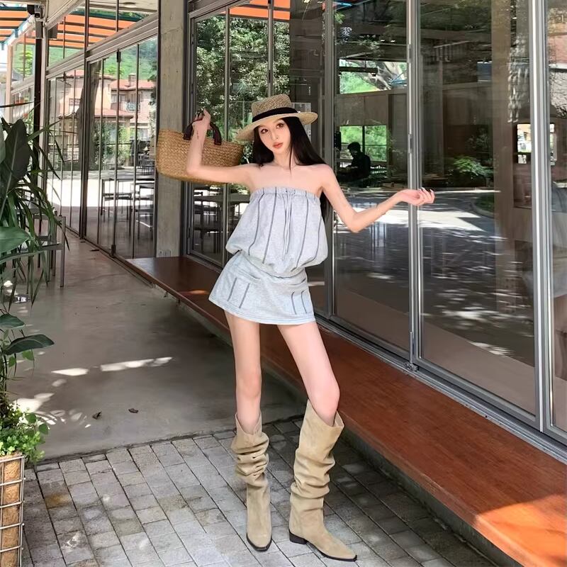 【dress】ストライプ柄チューブドレス Q8130
