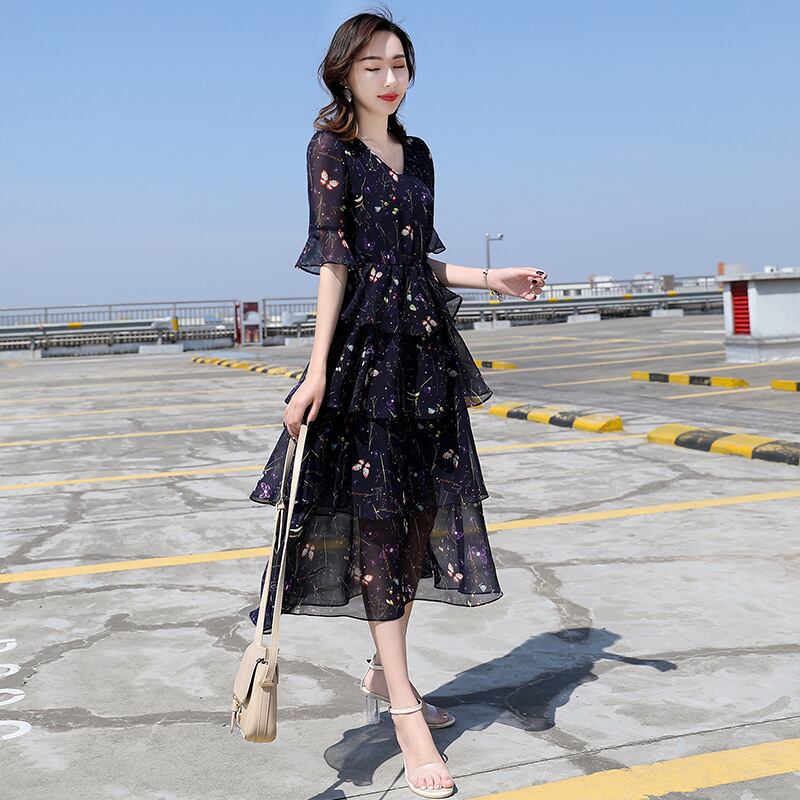 【dress】一目惚れ！Vネックフレアスリーブギャザー花柄ワンピースF0297