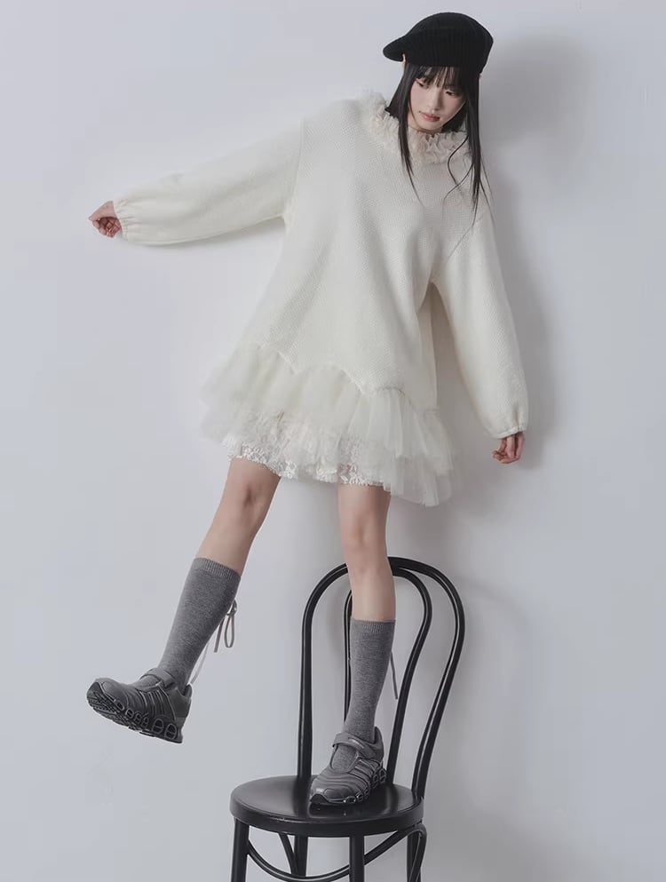 【dress】チュールドッキングフリルネックニットワンピース Q7965