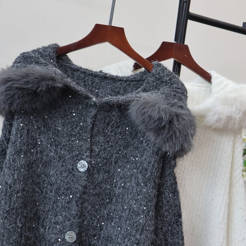 【outer】ファー付きニットカーディガン Q6991