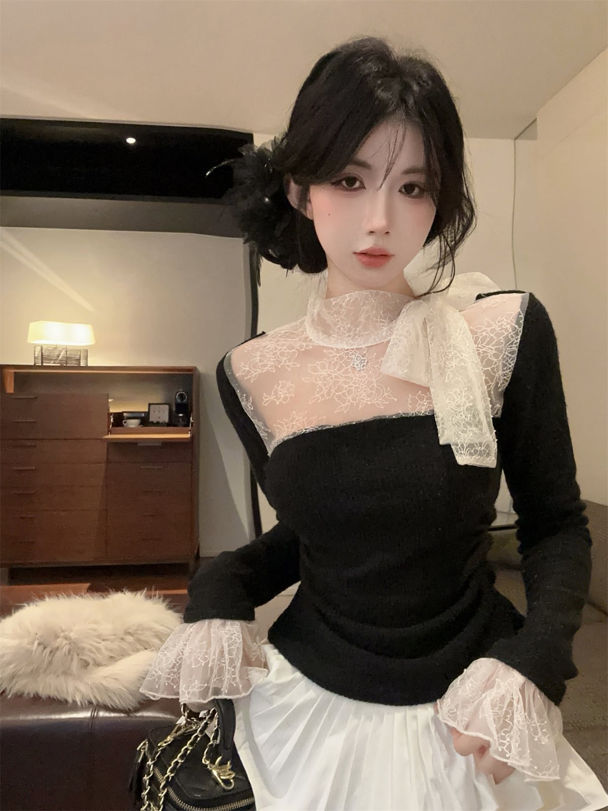 【tops】レースドッキングニットトップス　N2909
