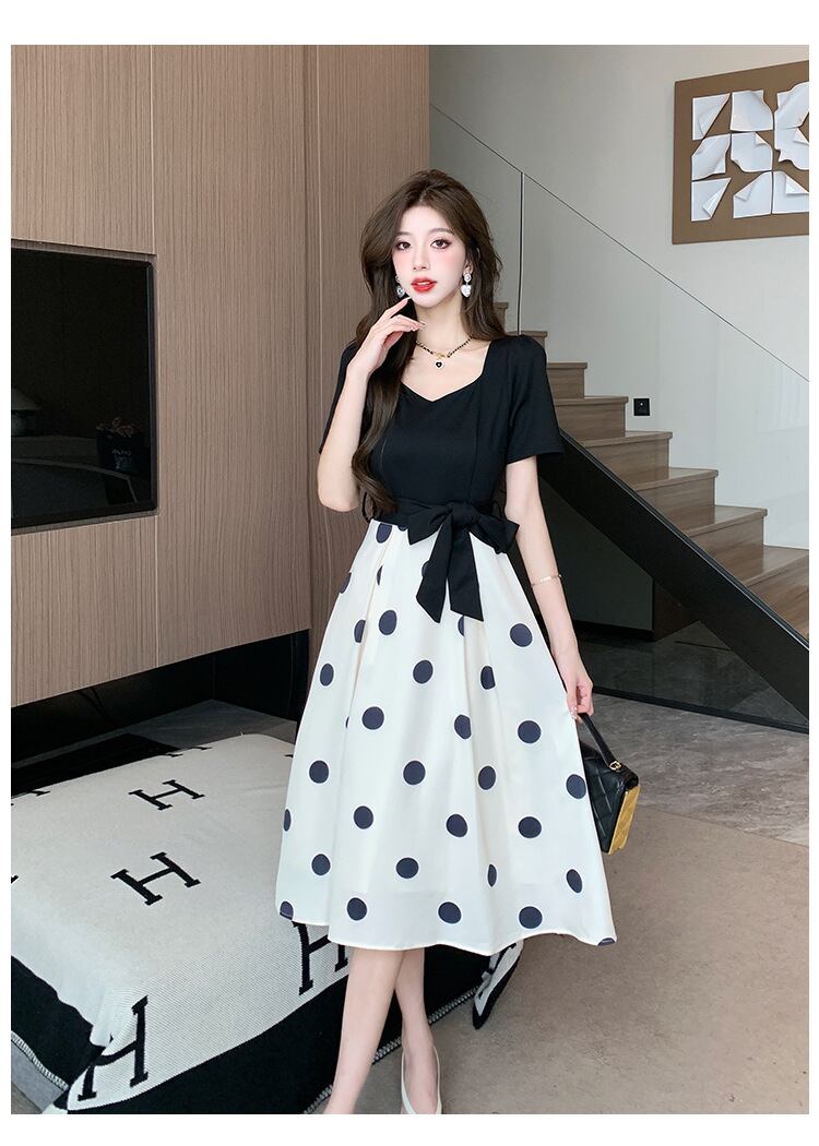 【dress】大人可愛い夏Vネック切り替えドット柄ワンピースF5794