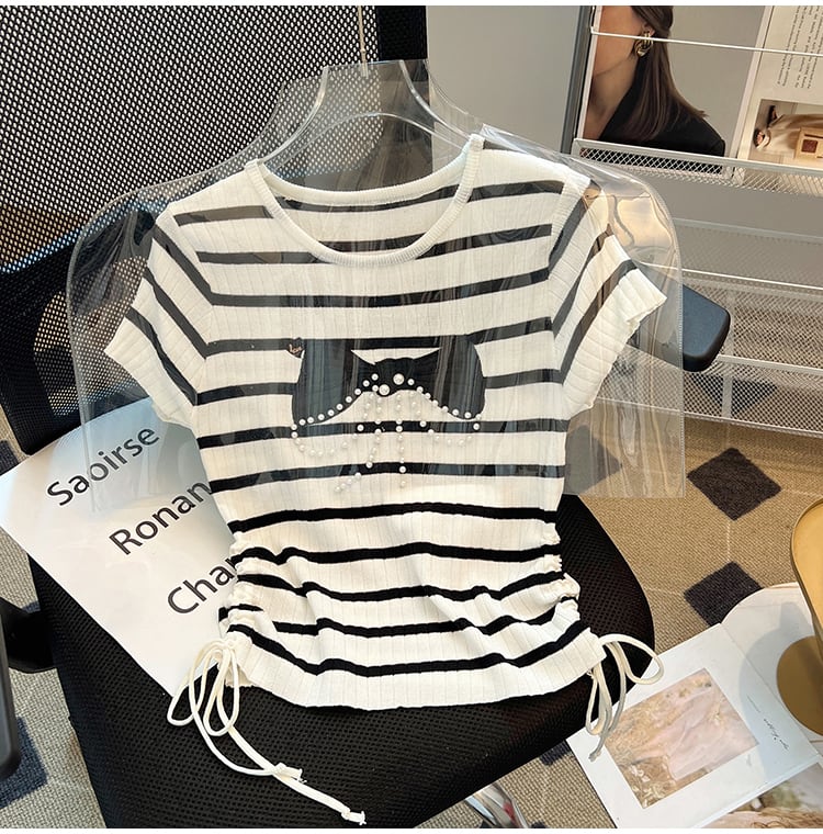 【tops】ビーズリボンニットTシャツG21546