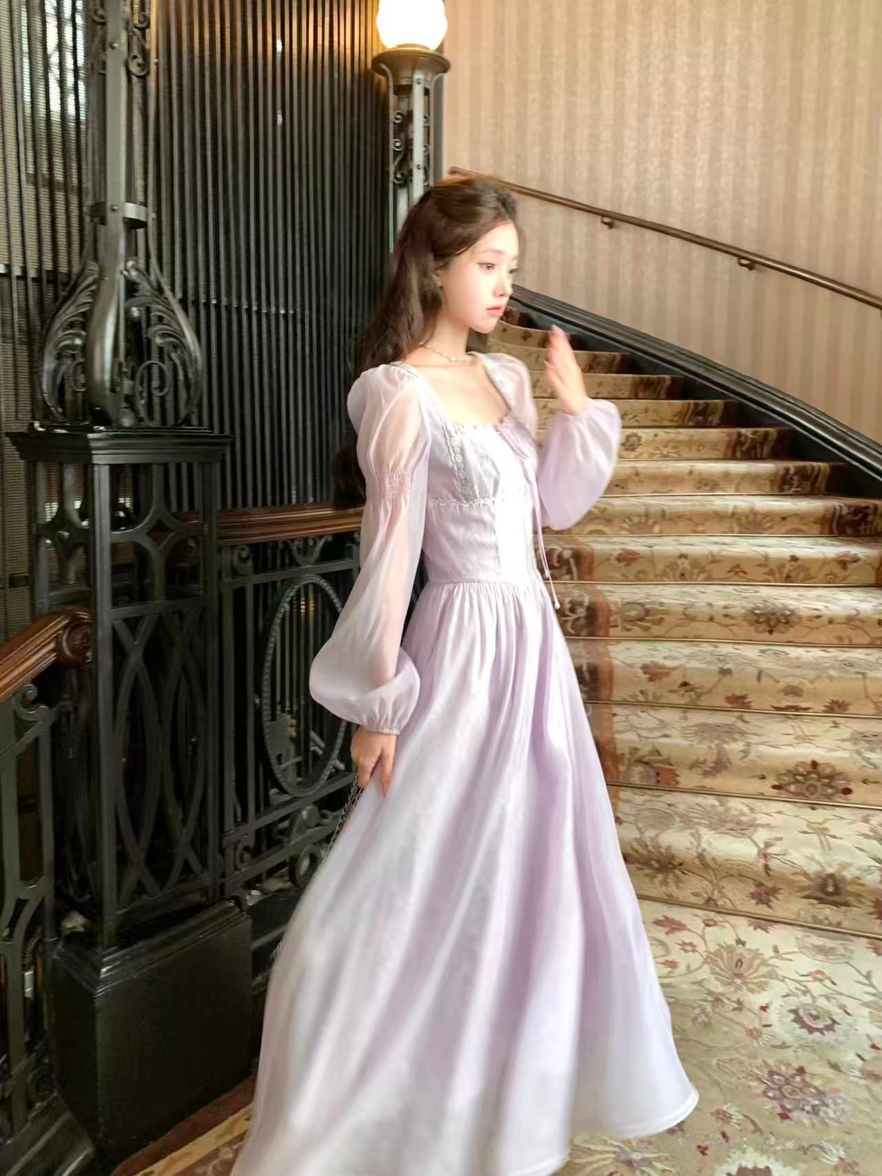 【dress】スクエアネックレースロングワンピース Q6388