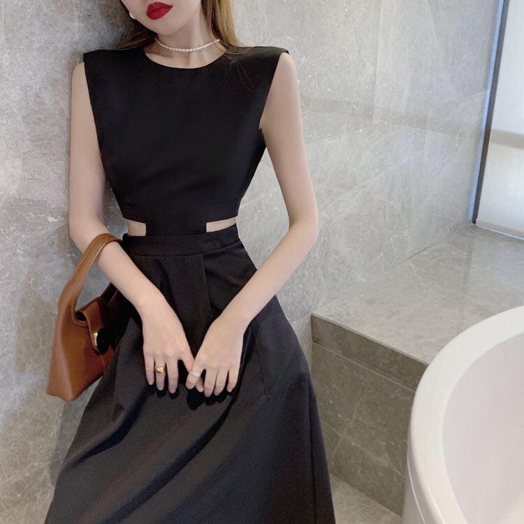 【dress】韓国ファッション海旅行ラウンドネック無地ノースリーブ着やせワンピースF0322