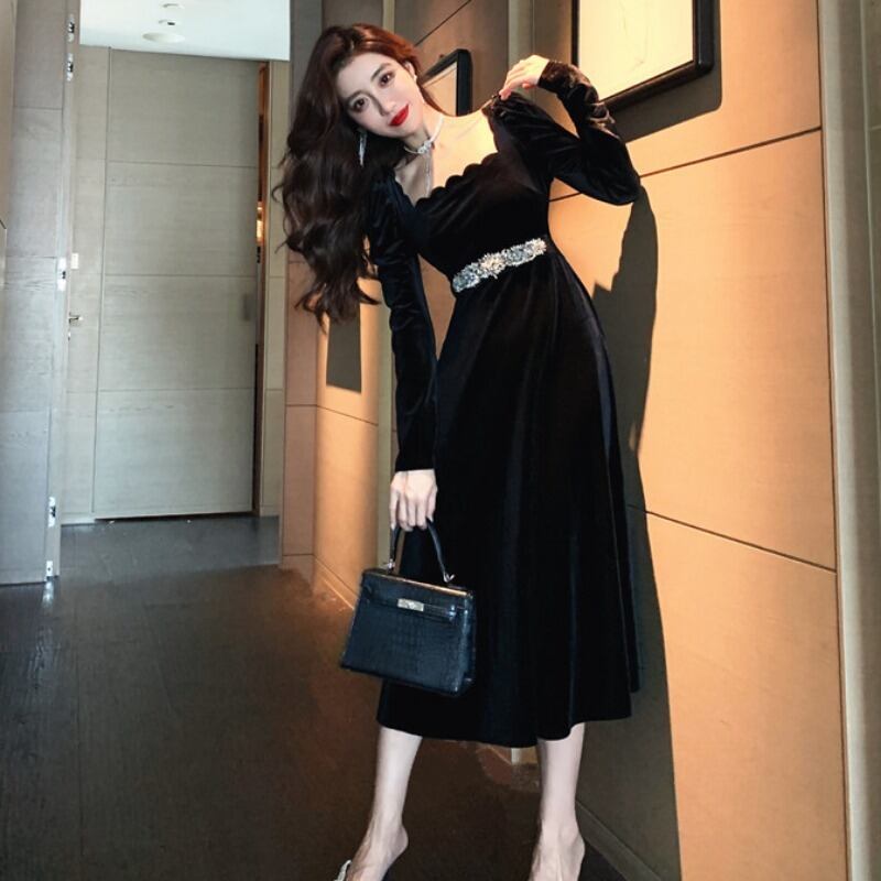 【dress】美人度アップ!気質満点ハイウエスト長袖 スクエアネックワンピース G1418