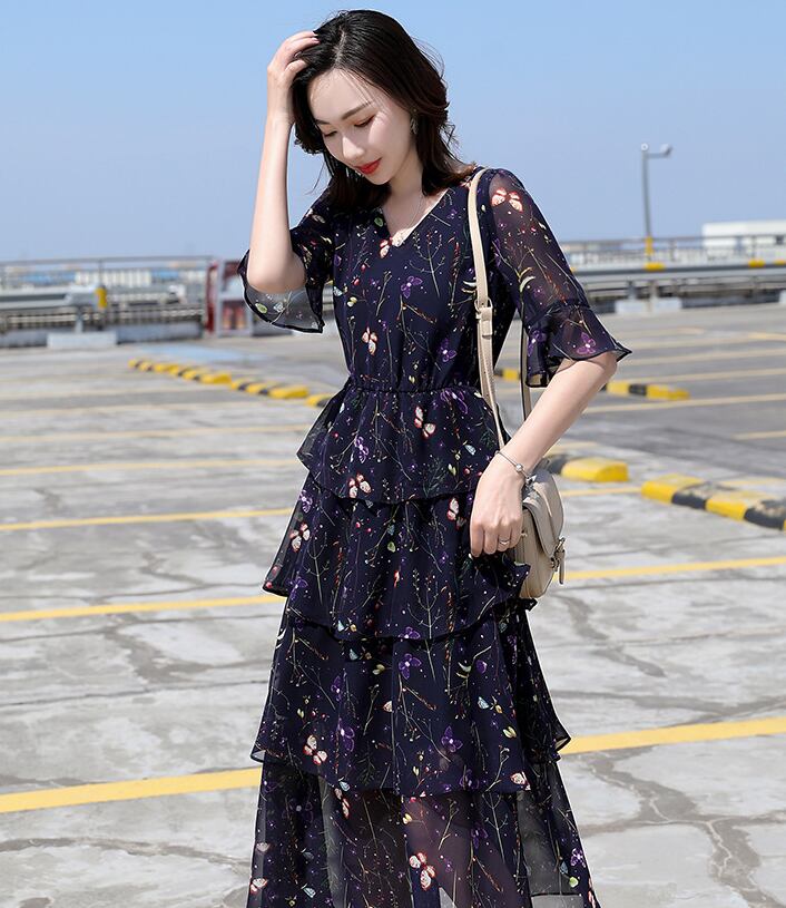 【dress】一目惚れ！Vネックフレアスリーブギャザー花柄ワンピースF0297