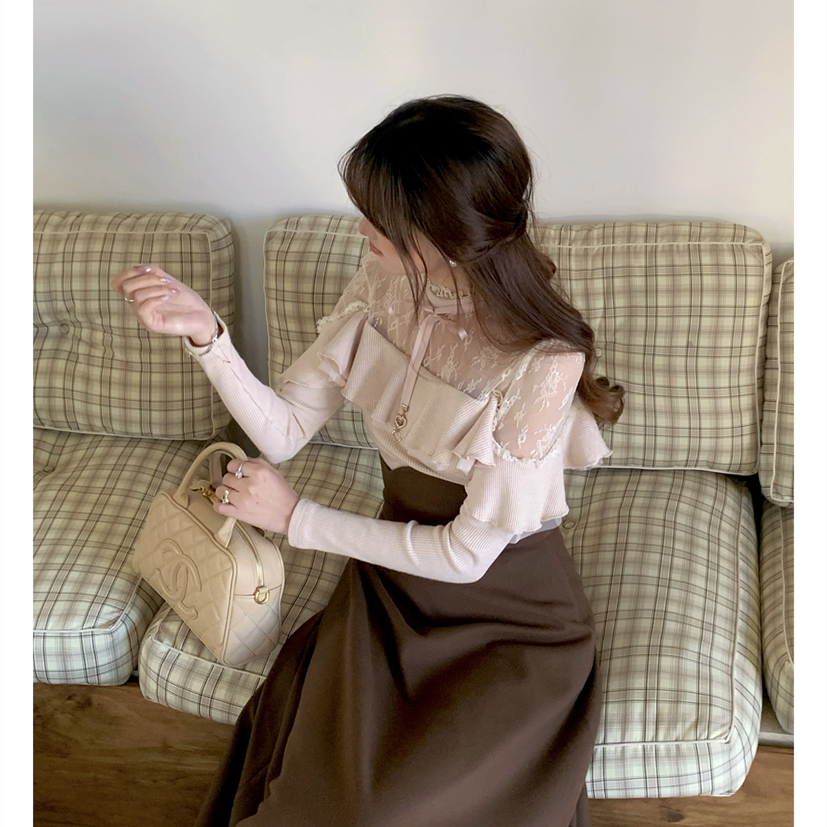 【set】レースフリルニットトップス×ロングスカートセット N3477