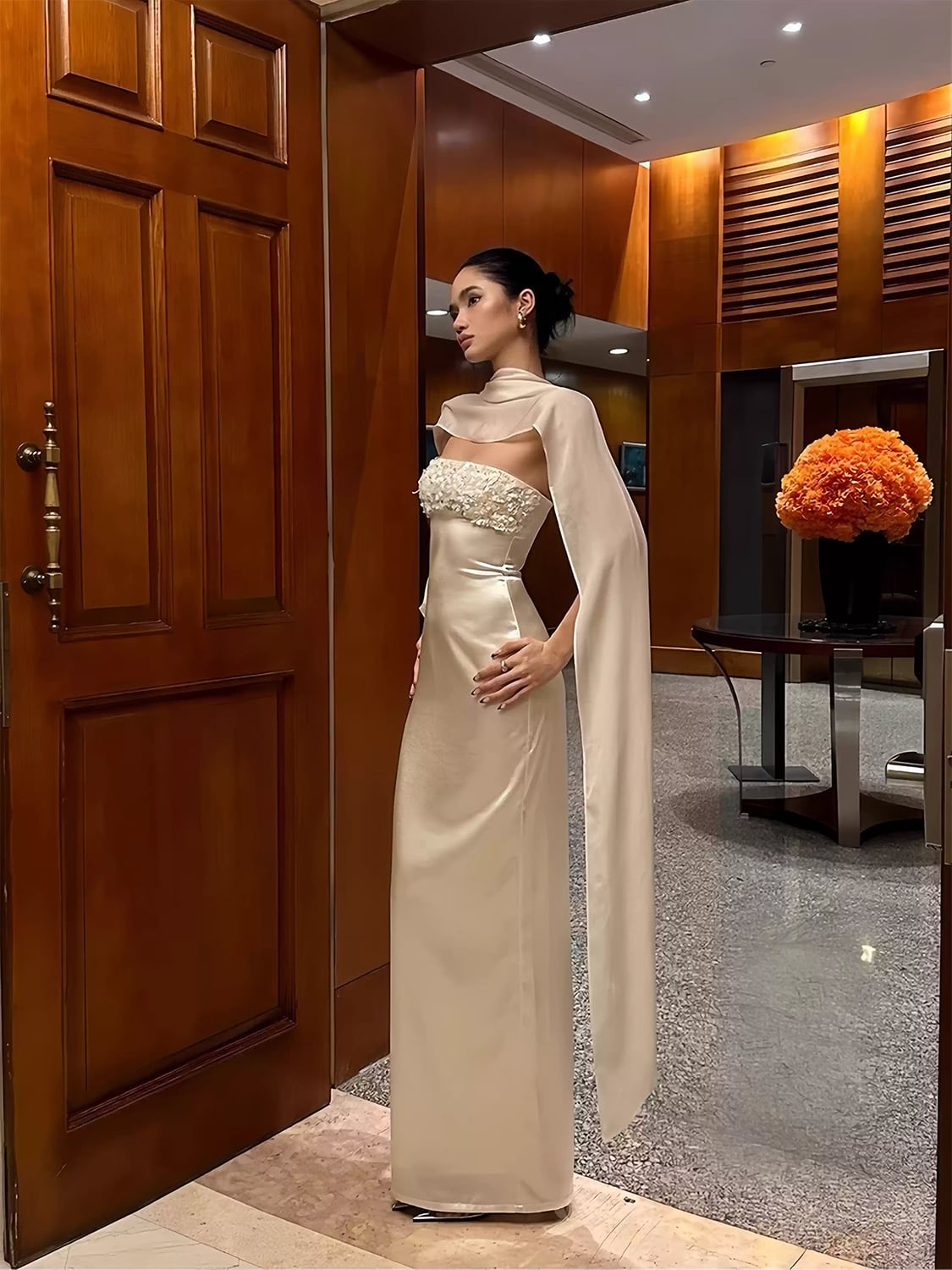 【dress】スカーフ付きオフショルダーロングドレス Q7794