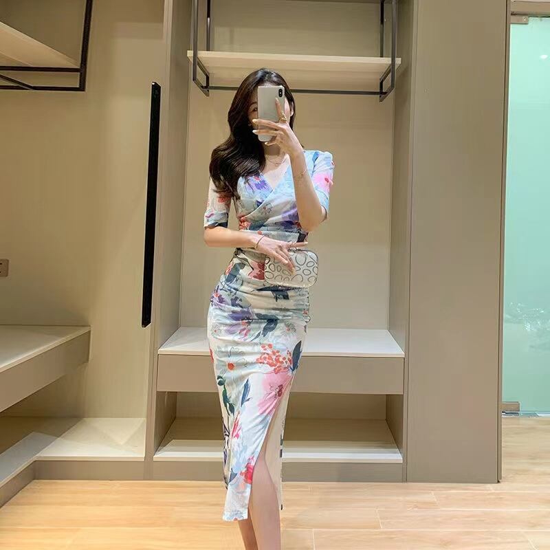 【dress】今季マストバイVネック半袖花柄配色スリット披露宴二次会着やせタイトワンピースF2742