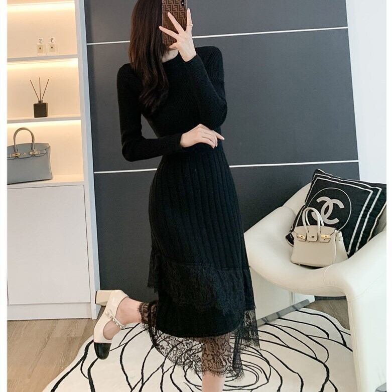 【dress】レースドッキングニットワンピース 　N2226