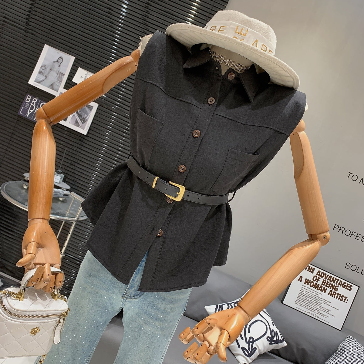 【tops】POLOネックノースリーブシャツトップスベルト付き　M25014
