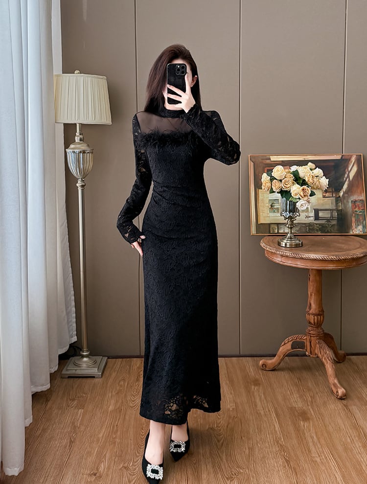 【dress】ファー付きレースワンピース Q7498